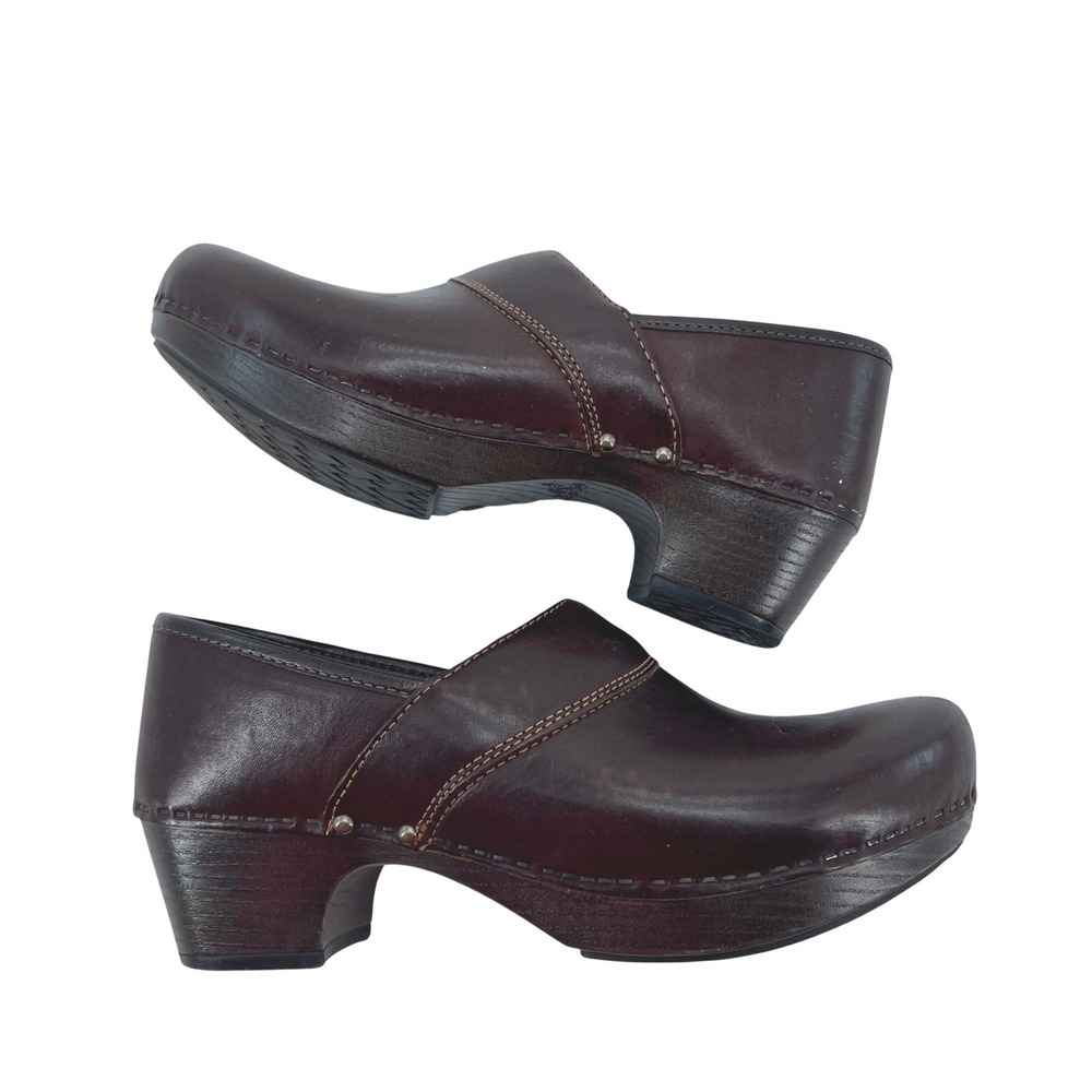 Dansko Women Dark Brown Leather Studded Heeled Clogs Mules Size 40